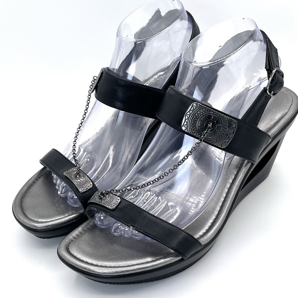 Andrew Geller Black Wedge Sandals 9.5M Bridley Chain Embellished VGUC